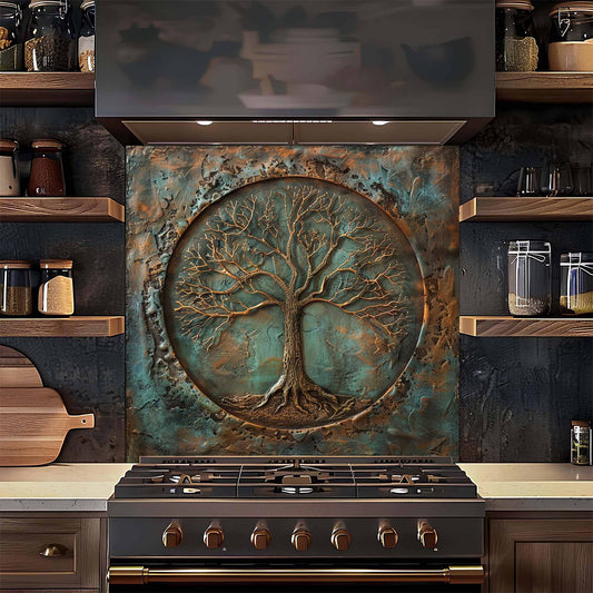 Kitchen stove with decorative tree of life backsplash in a rustic setting