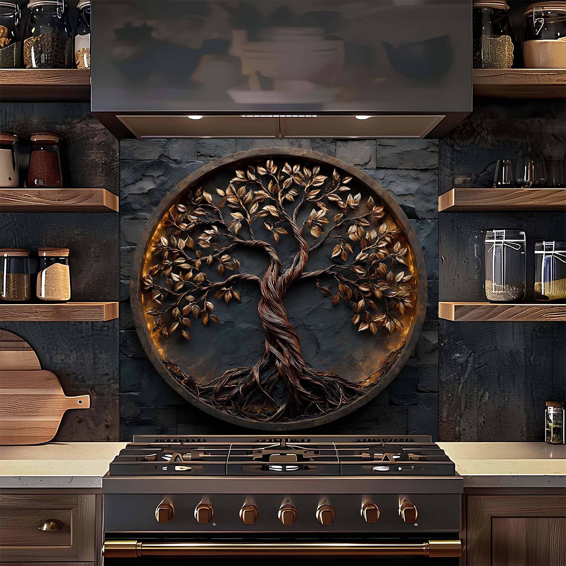 Kitchen backsplash of a tree with roots on a kitchen wall above a stove.