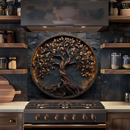 Kitchen backsplash of a tree with roots on a kitchen wall above a stove.