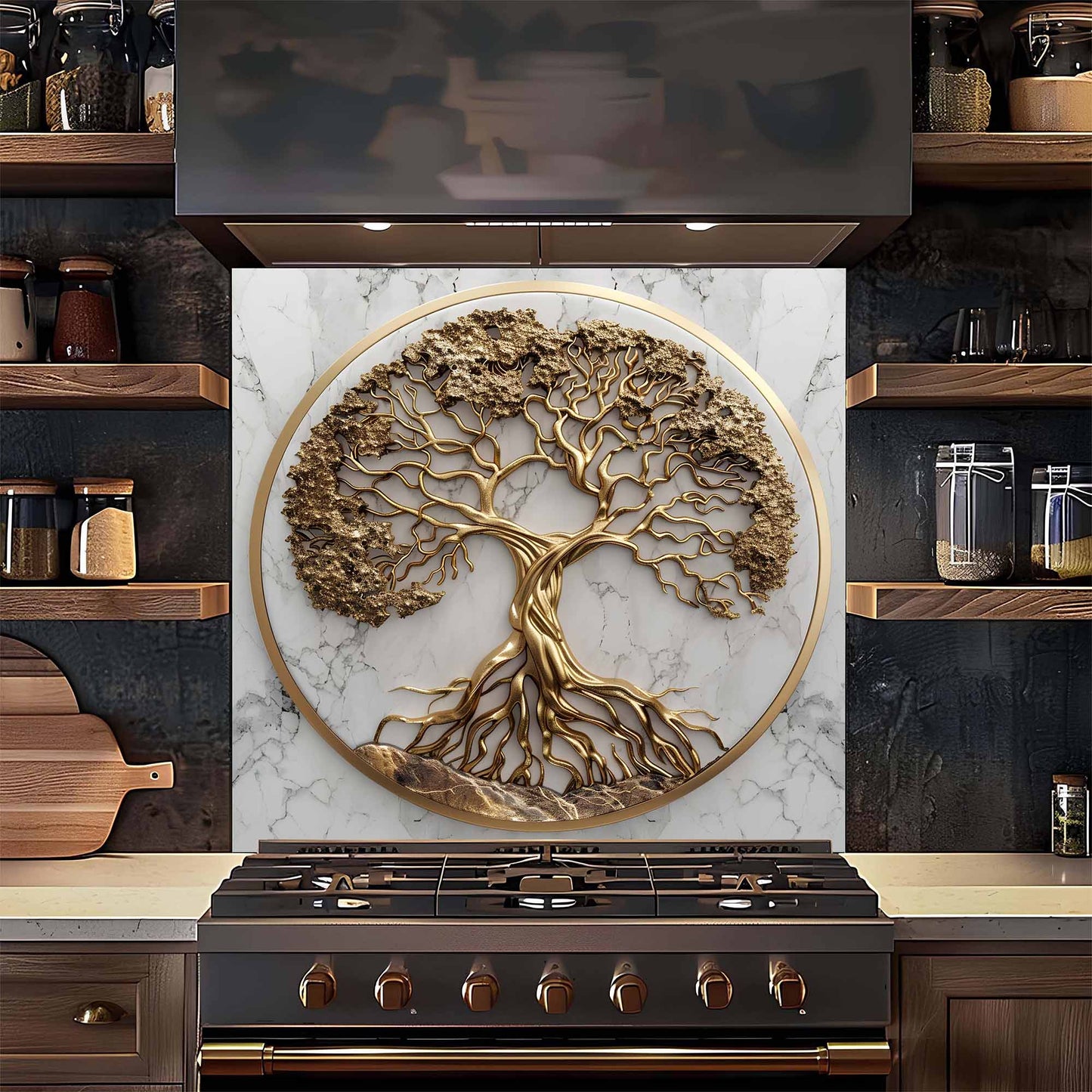 Decorative glass backsplash of a tree with roots on a marble background above a stove in a kitchen.