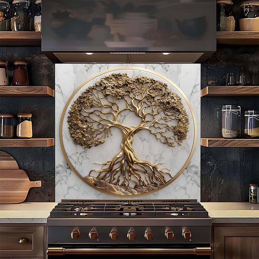 Decorative glass backsplash of a tree with roots on a marble background above a stove in a kitchen.
