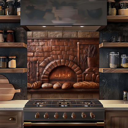 Kitchen with a decorative glass backsplash featuring bread and a fireplace, above a stove.