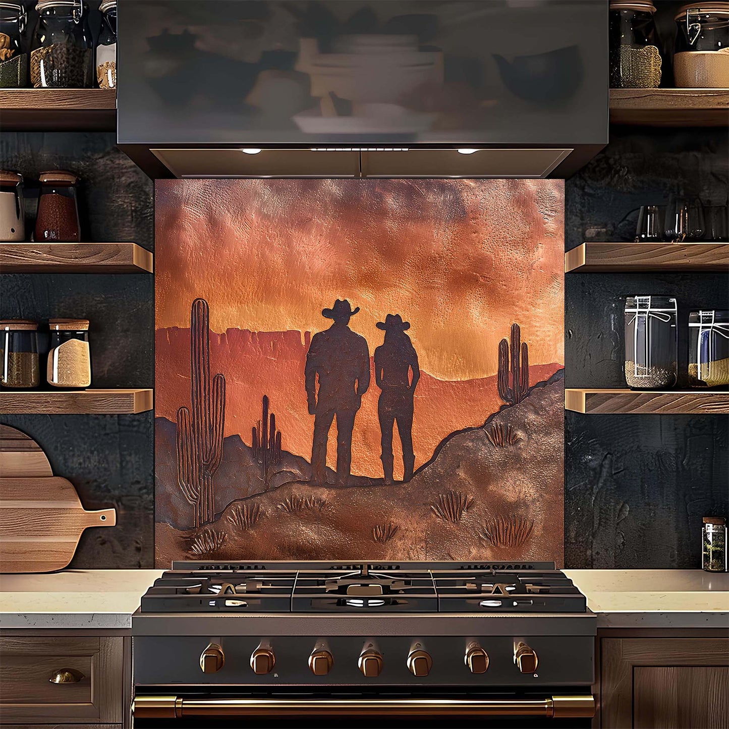 Kitchen stove with a decorative glass backsplash featuring two cowboys and cacti against an orange sky.