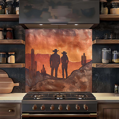 Kitchen stove with a decorative glass backsplash featuring two cowboys and cacti against an orange sky.
