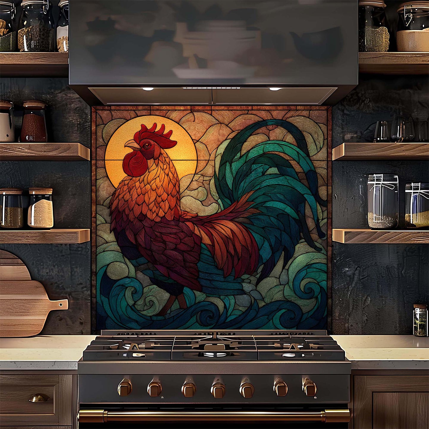 Kitchen with a decorative rooster backsplash above a stove