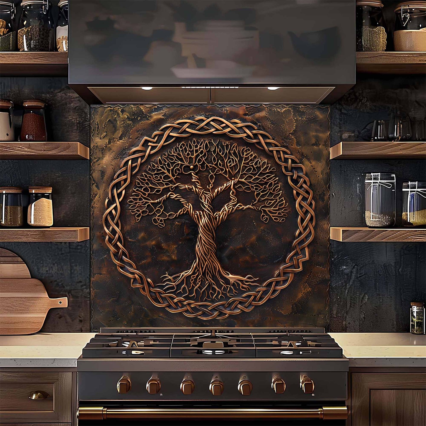 Decorative backsplash with tree design above a stove in a kitchen.