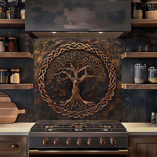 Decorative backsplash with tree design above a stove in a kitchen.