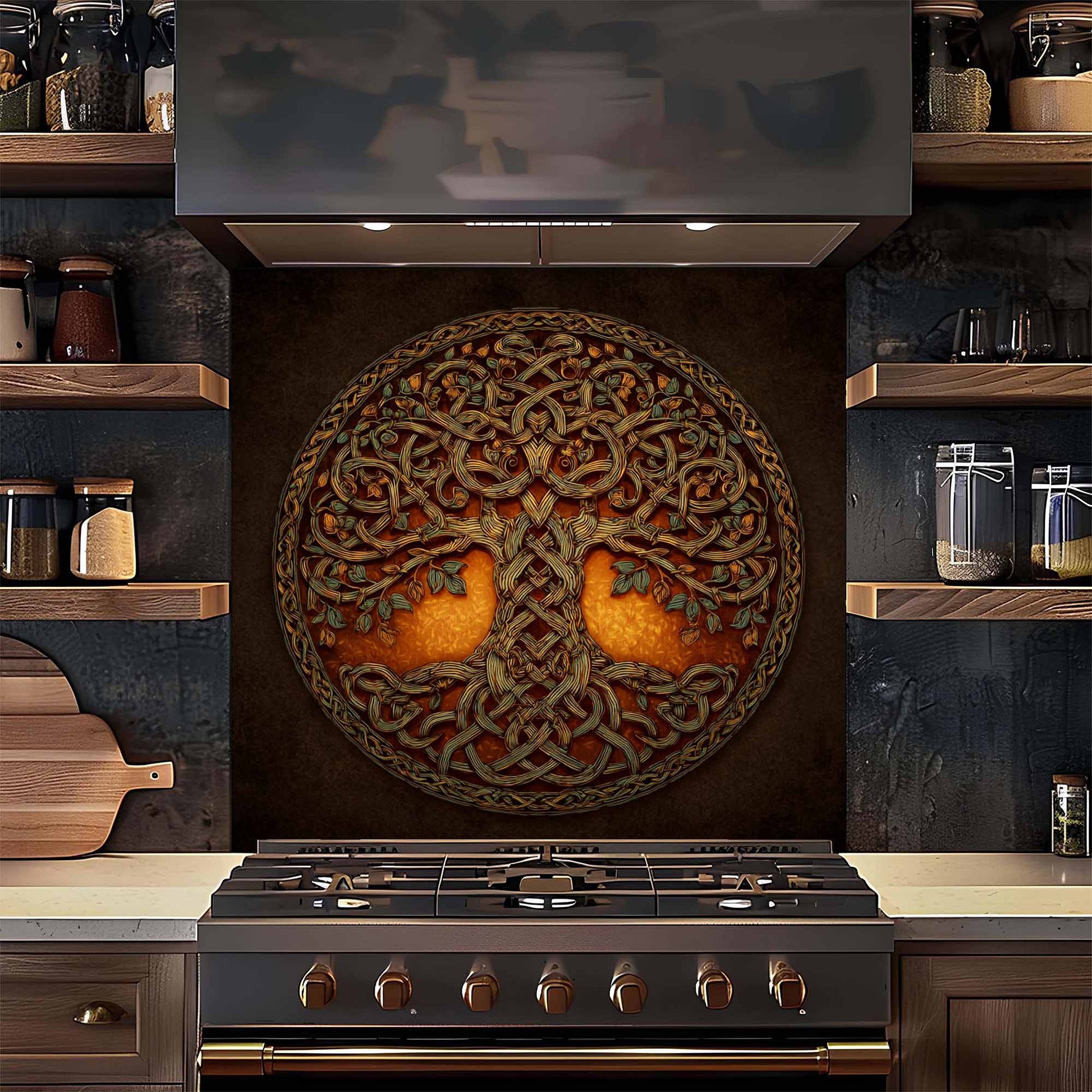 Decorative backsplash with tree design above a stove in a kitchen.