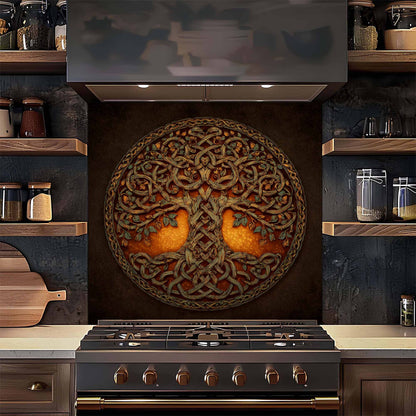 Decorative backsplash with tree design above a stove in a kitchen.