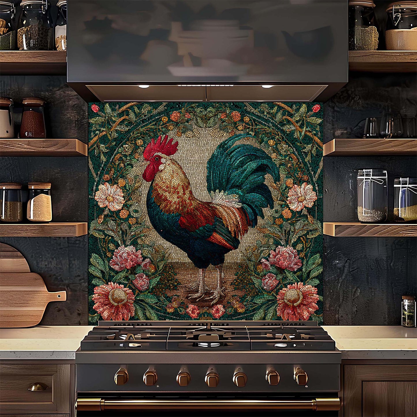 Decorative glass backsplash with a rooster design above a stove in a kitchen.