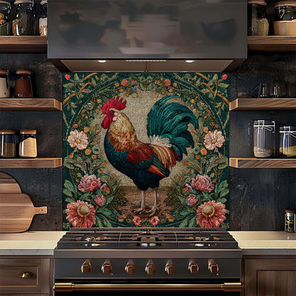 Decorative glass backsplash with a rooster design above a stove in a kitchen.
