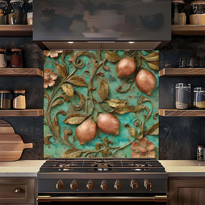 Decorative backsplash with floral and fruit design above a stove in a kitchen.