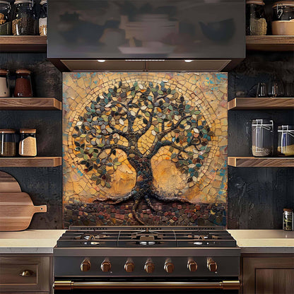 Kitchen with a decorative mosaic glass backsplash above a stove