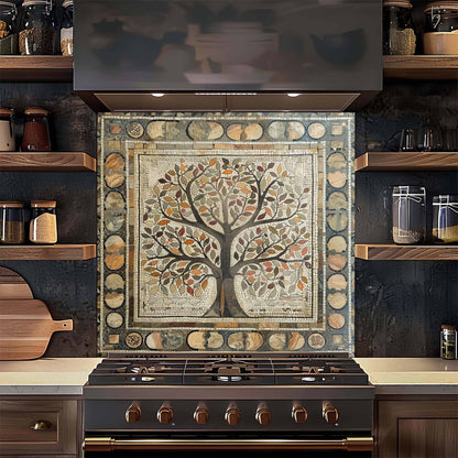 Kitchen with a decorative backsplash featuring a tree design above a stove.