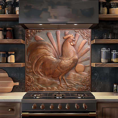 Decorative glass backsplash with a rooster design above a stove in a kitchen.