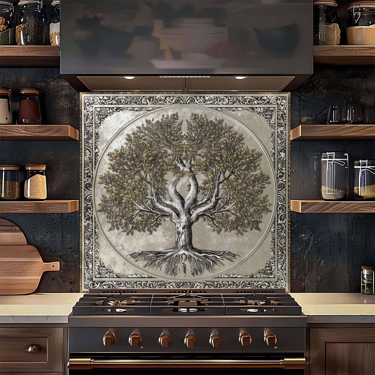 Decorative backsplash with tree design above a stove in a kitchen setting