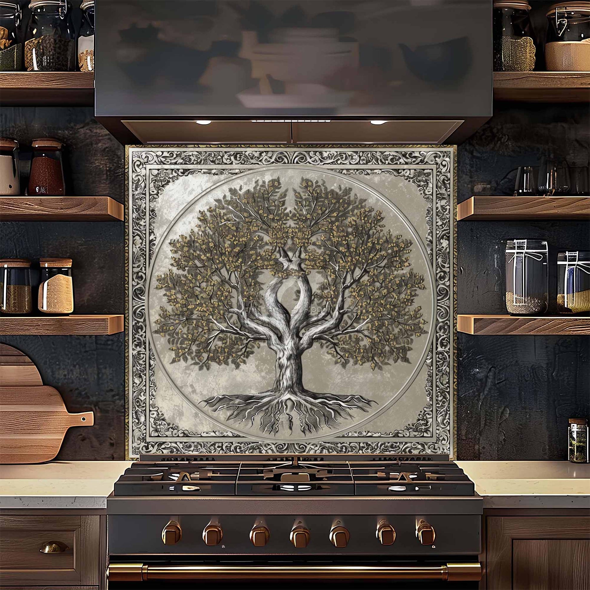 Decorative backsplash with tree design above a stove in a kitchen setting