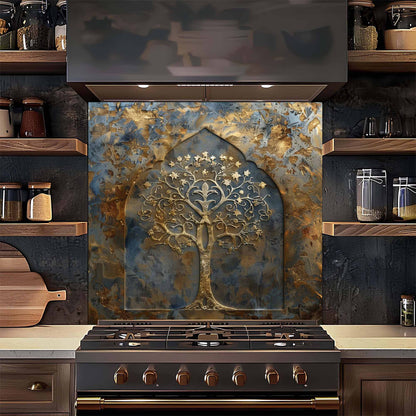 Kitchen with a decorative backsplash featuring a tree design.