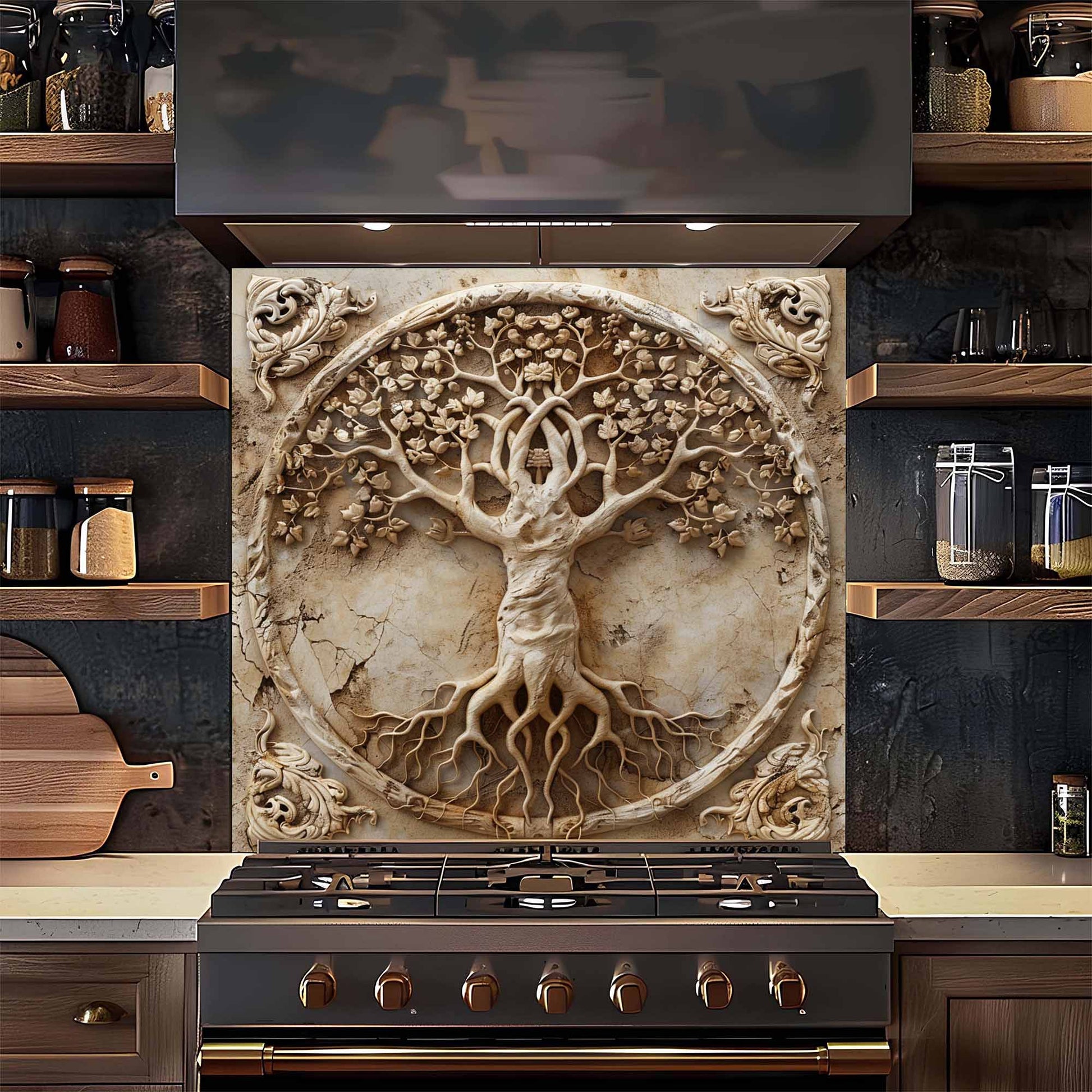Decorative backsplash with tree design above a stove in a kitchen setting.