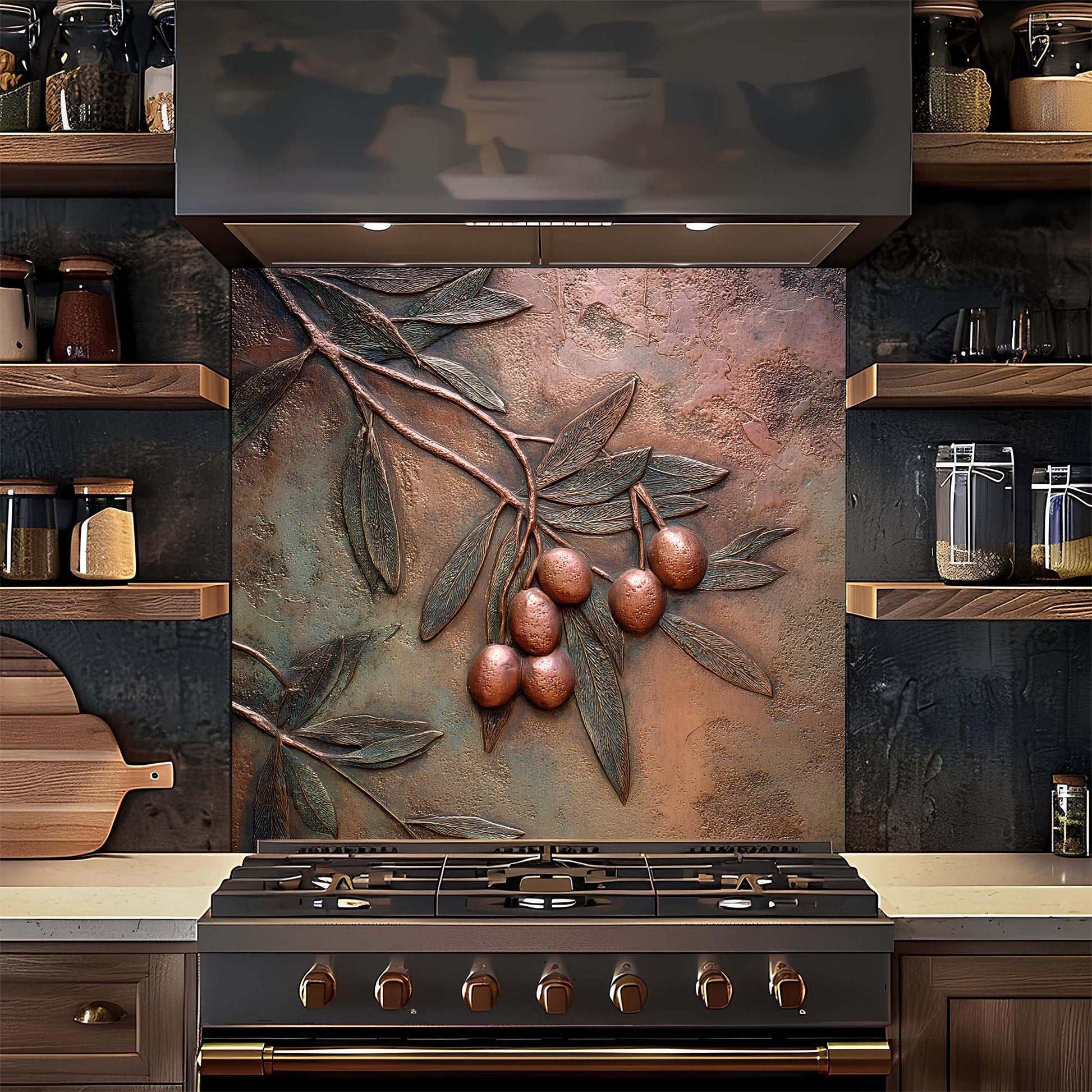 Decorative glass backsplash with olive branch design above a stove in a kitchen.