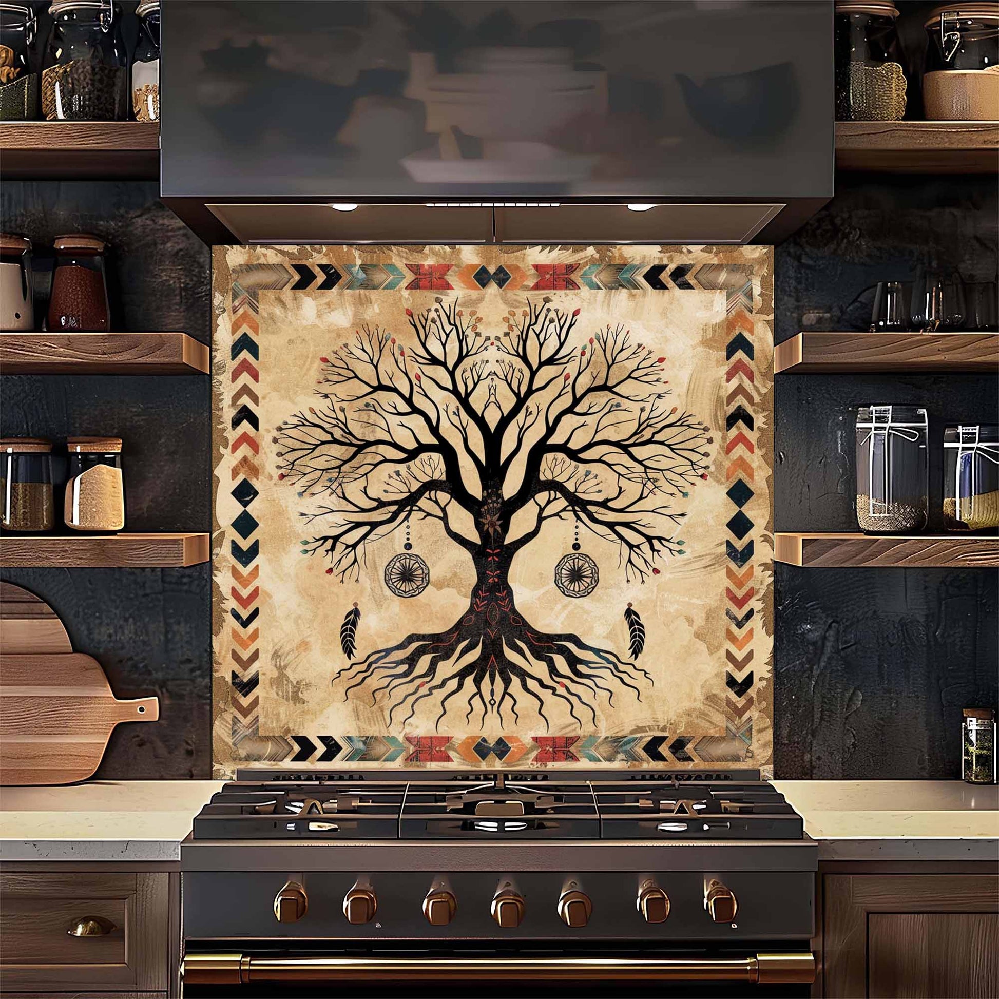 Decorative backsplash with a tree design above a stove in a kitchen.