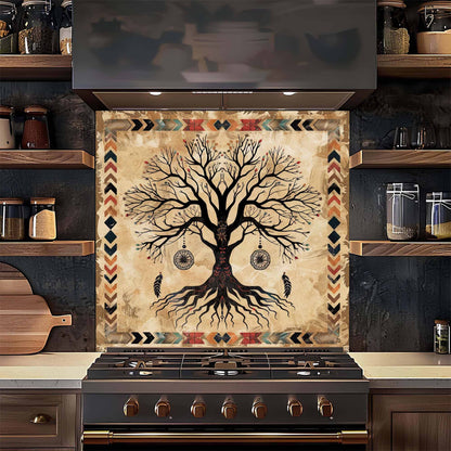 Decorative backsplash with a tree design above a stove in a kitchen.