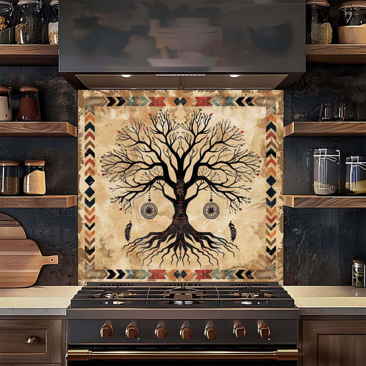 Decorative backsplash with a tree design above a stove in a kitchen.
