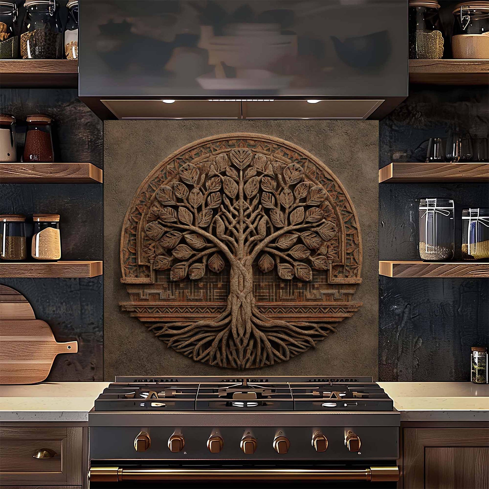 Decorative backsplash with a tree design above a stove in a kitchen setting.