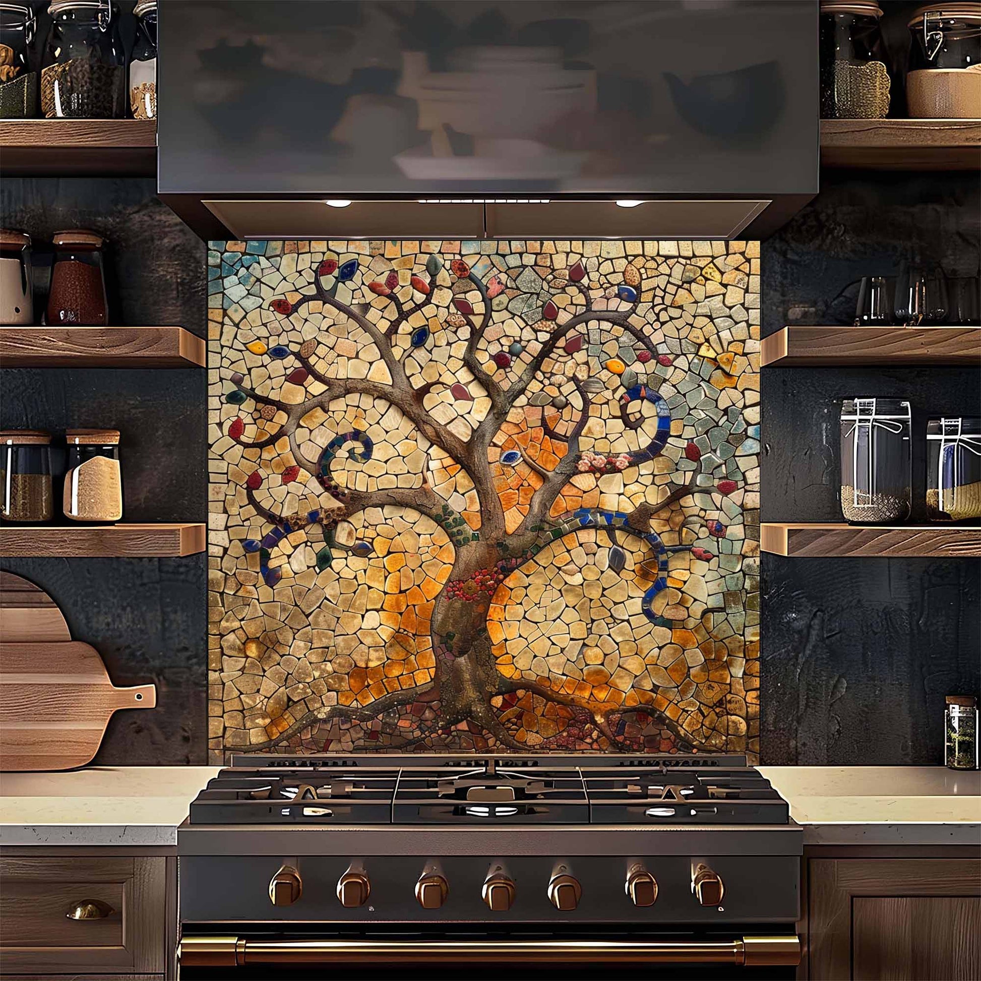 Kitchen with a decorative mosaic tile backsplash featuring a tree design.