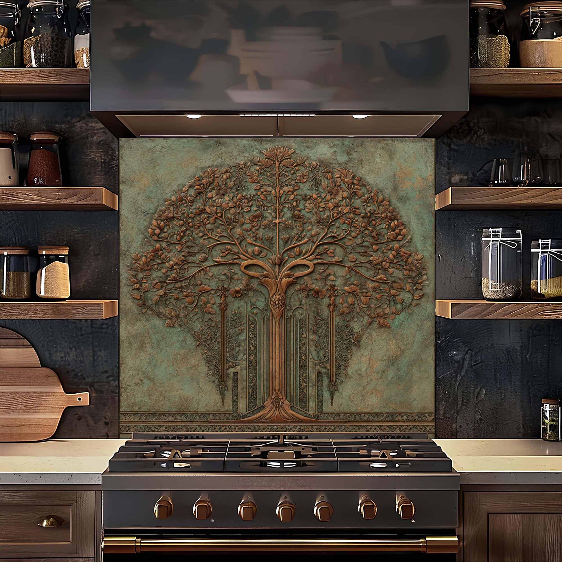 Decorative backsplash above a stove in a kitchen setting