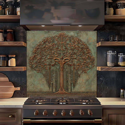Decorative backsplash above a stove in a kitchen setting