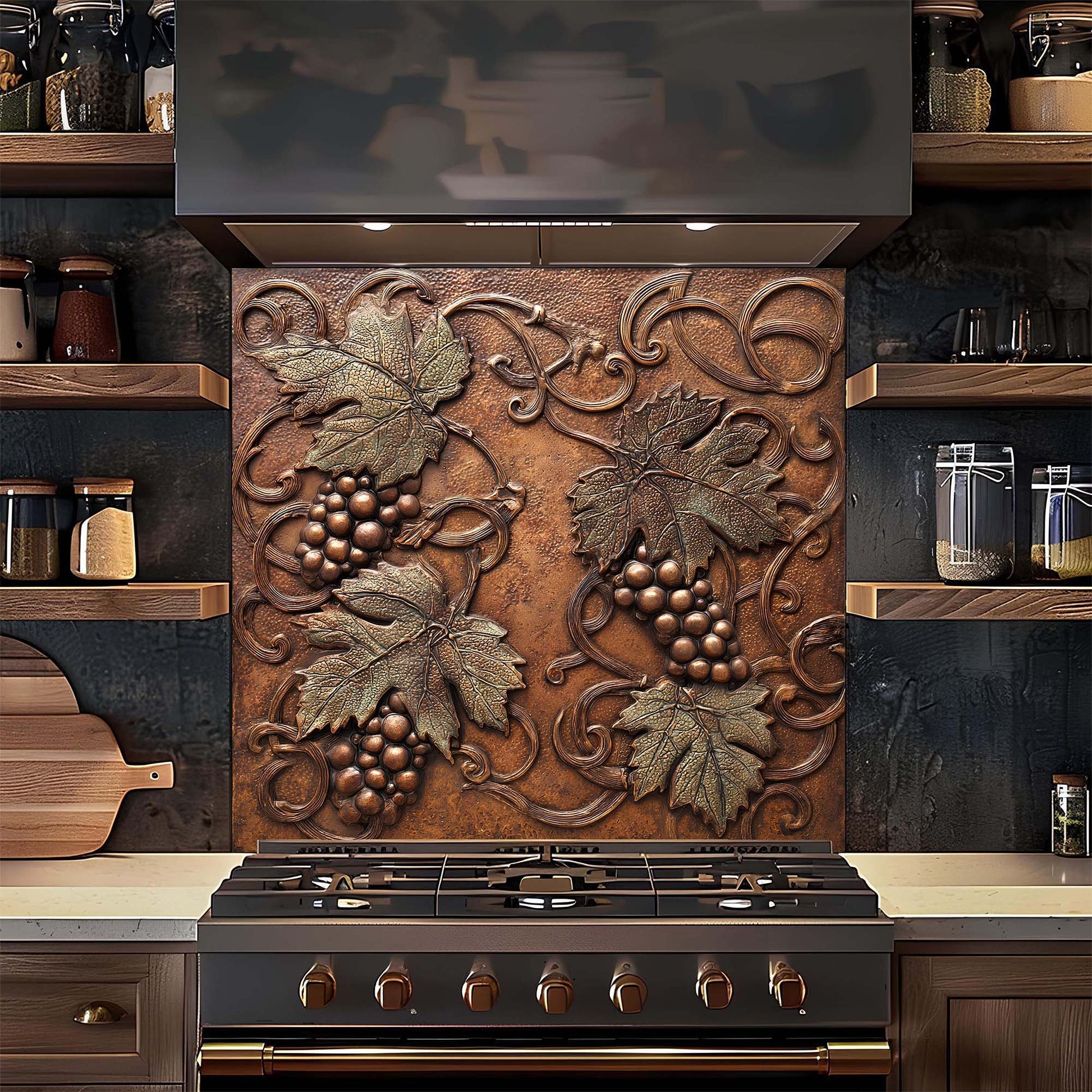 Decorative backsplash with grapevine design above a stove in a kitchen.