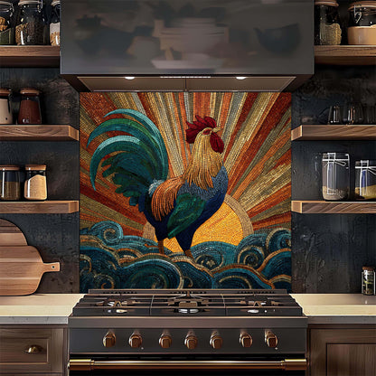 Mosaic rooster with radiant sunrise and swirling waves on tempered glass backsplash