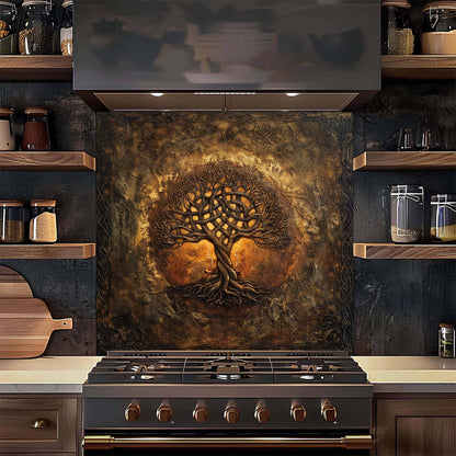 Kitchen with a decorative backsplash featuring a tree design above a stove.