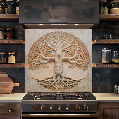 Decorative backsplash with tree design above a stove in a kitchen setting.