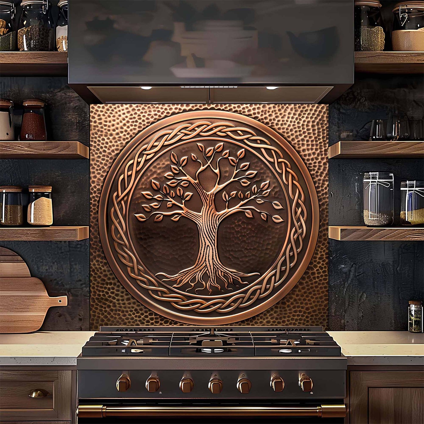 Decorative copper tree of life backsplash above a stove in a kitchen.
