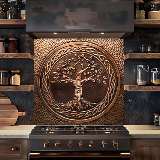 Decorative copper tree of life backsplash above a stove in a kitchen.