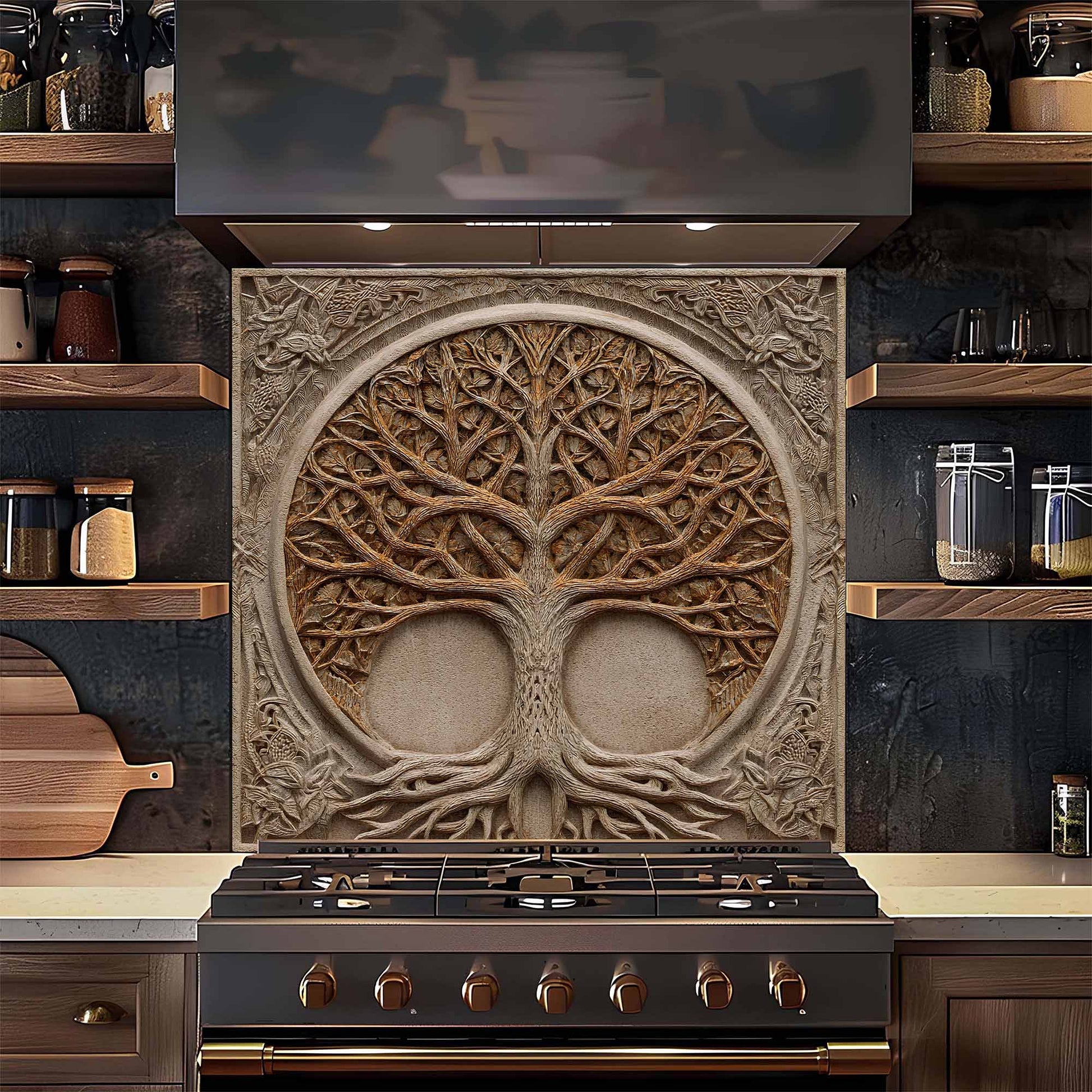 Decorative stove with tree design backsplash in a kitchen setting