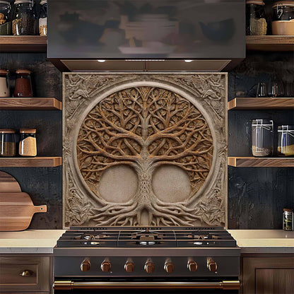 Decorative stove with tree design backsplash in a kitchen setting