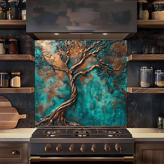 Kitchen with a decorative backsplash featuring a tree design.