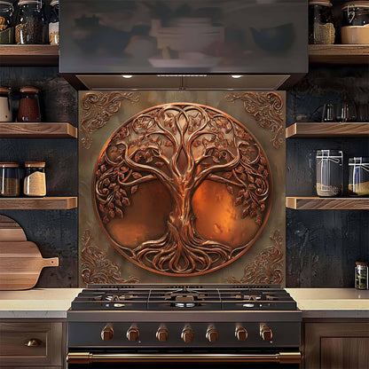 Decorative tempered glass backsplash with tree design above a stove in a kitchen setting.