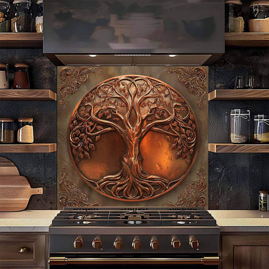 Decorative tempered glass backsplash with tree design above a stove in a kitchen setting.