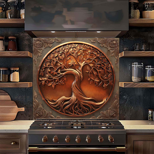 Decorative wall art with a tree design above a stove in a kitchen setting.