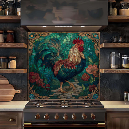 Decorative backsplash with a rooster design above a stove in a kitchen.