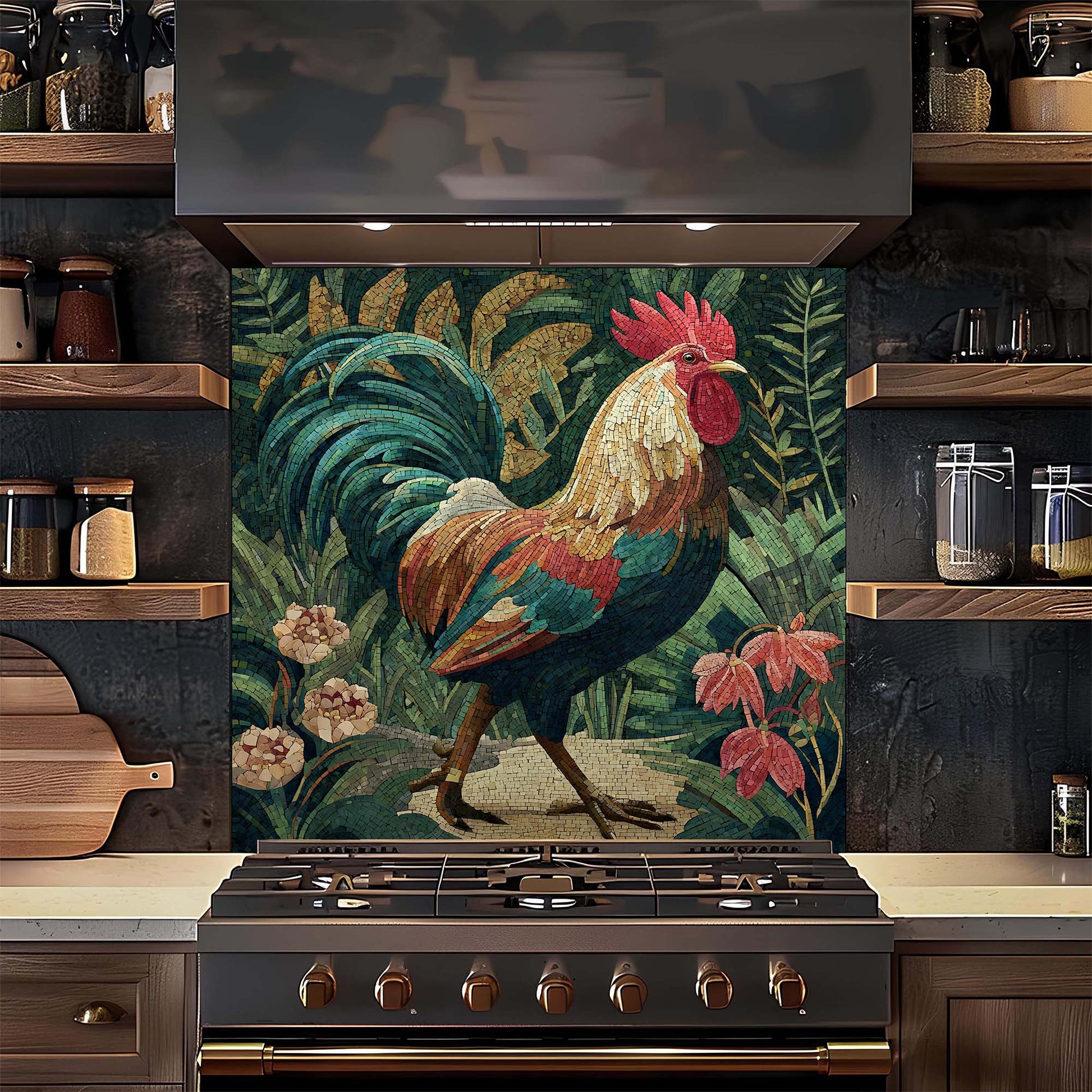 Kitchen with a decorative rooster backsplash