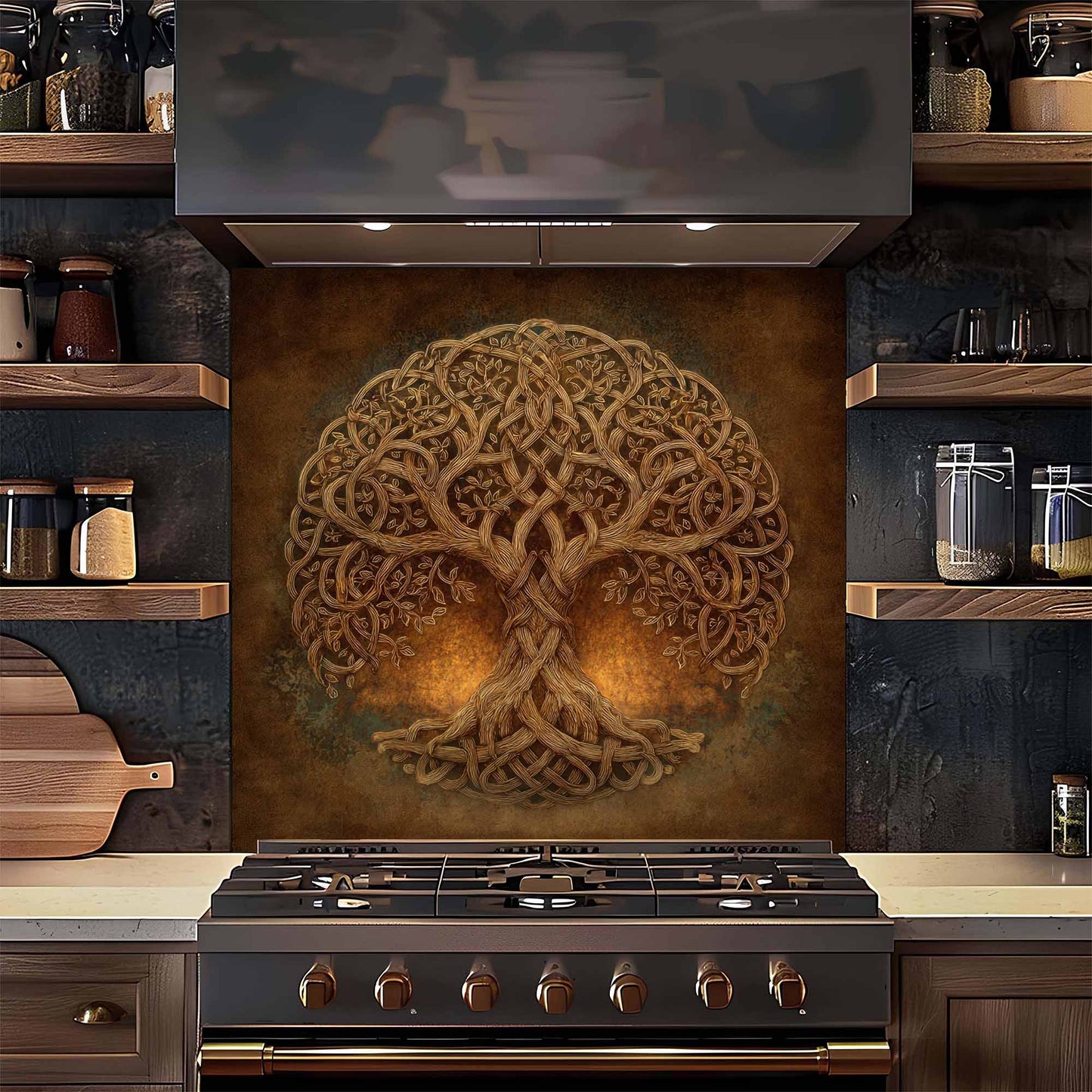 Kitchen with a decorative backsplash featuring a tree design above a stove.