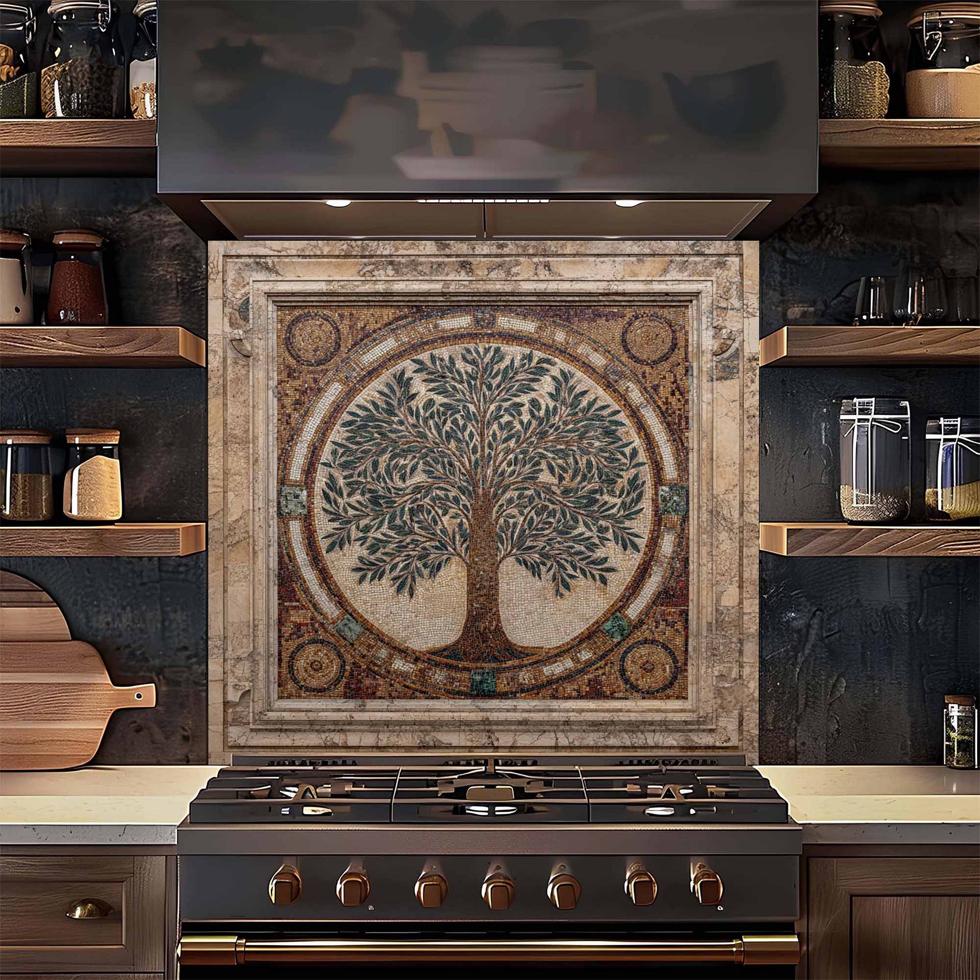 Decorative stove with tree design backsplash in a kitchen setting