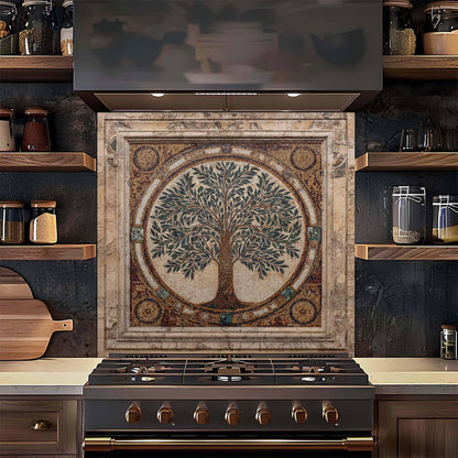 Decorative stove with tree design backsplash in a kitchen setting
