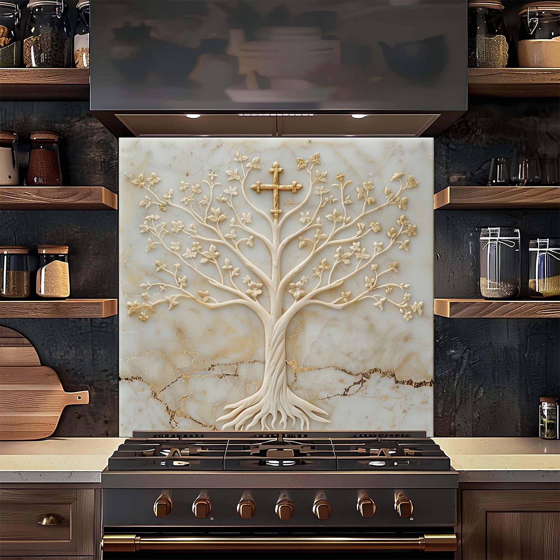 Decorative backsplash with tree design over a stove in a kitchen setting