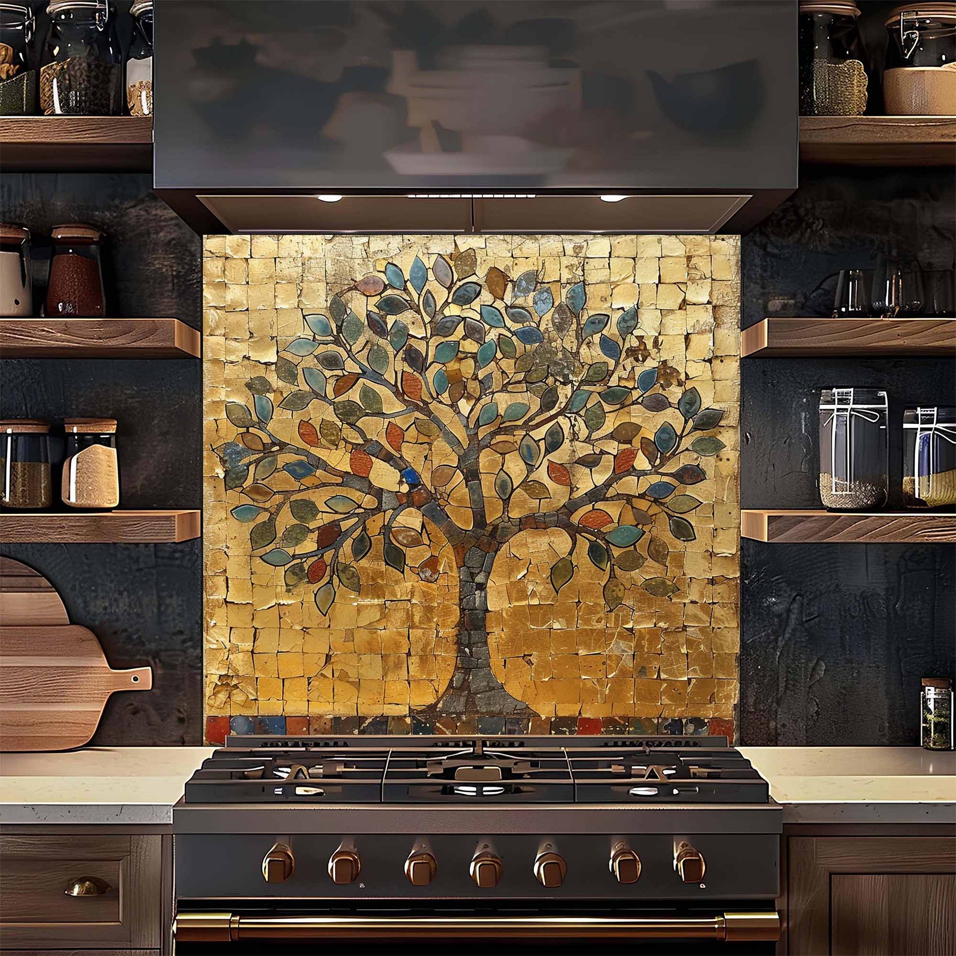 Kitchen stove with a decorative mosaic tree backsplash